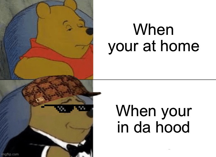 I’m in da hood | When your at home; When your in da hood | image tagged in memes,tuxedo winnie the pooh | made w/ Imgflip meme maker