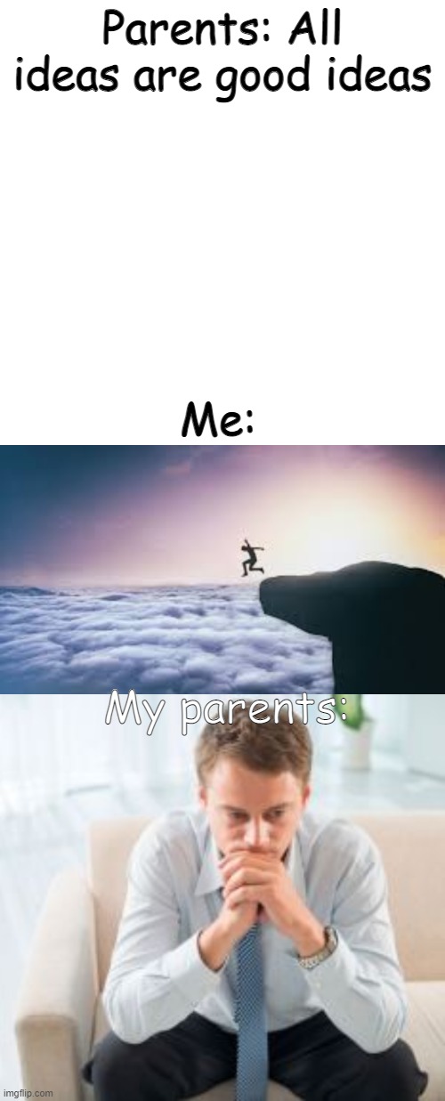 You know how your parents always say that right? :D |  Parents: All ideas are good ideas; Me:; My parents: | image tagged in memes,blank transparent square,cliff,oooooof,should of thought that through,your reading my tags | made w/ Imgflip meme maker