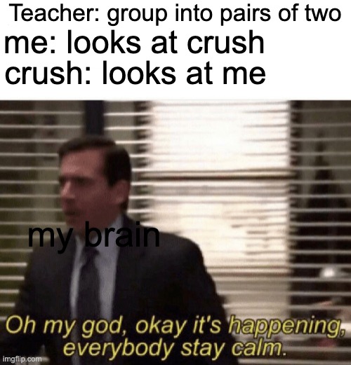 Do you feel the love tonight | Teacher: group into pairs of two; me: looks at crush; crush: looks at me; my brain | image tagged in oh my god okay it's happening everybody stay calm | made w/ Imgflip meme maker