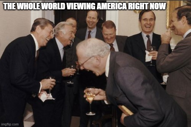 Enough said? | THE WHOLE WORLD VIEWING AMERICA RIGHT NOW | image tagged in memes,laughing men in suits,america,sad but true,first world problems,american politics | made w/ Imgflip meme maker