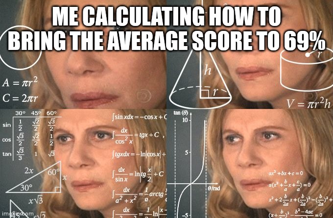 Calculating meme | ME CALCULATING HOW TO BRING THE AVERAGE SCORE TO 69% | image tagged in calculating meme,69,average,test,oh wow are you actually reading these tags,funny memes | made w/ Imgflip meme maker