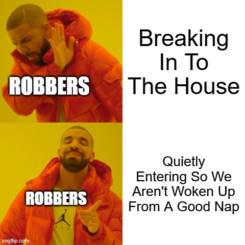 Robbers Are Just Wholesome | Breaking In To The House; ROBBERS; Quietly Entering So We Aren't Woken Up From A Good Nap; ROBBERS | image tagged in memes,drake hotline bling,robbery,lol,drake | made w/ Imgflip meme maker