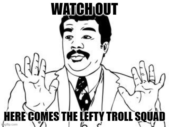 watch out  | WATCH OUT HERE COMES THE LEFTY TROLL SQUAD | image tagged in watch out | made w/ Imgflip meme maker