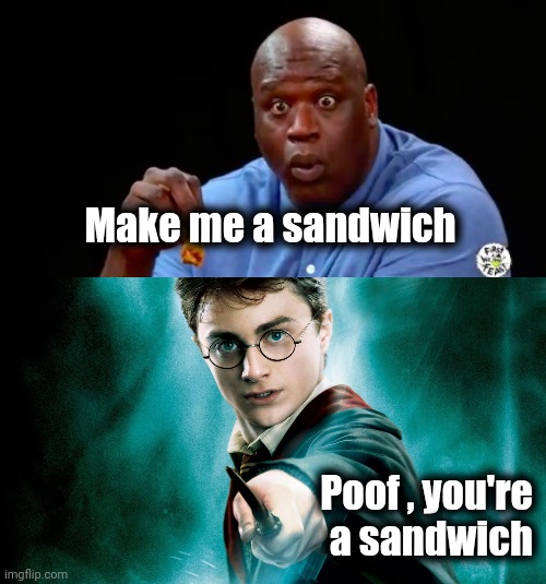 Make me a sandwich Poof , you're a sandwich | image tagged in surprised shaq,harry potter magic wand | made w/ Imgflip meme maker