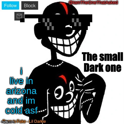 a | i live in arizona and im cold asf | image tagged in iamtheonethatasked lil darkie temp | made w/ Imgflip meme maker
