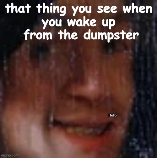 From the dumpster | that thing you see when
you wake up
 from the dumpster; Hello | image tagged in dumpster,wake up | made w/ Imgflip meme maker