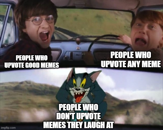 welll yeass | PEOPLE WHO UPVOTE ANY MEME; PEOPLE WHO UPVOTE GOOD MEMES; PEOPLE WHO DON'T UPVOTE MEMES THEY LAUGH AT | image tagged in tom chasing harry and ron weasly | made w/ Imgflip meme maker