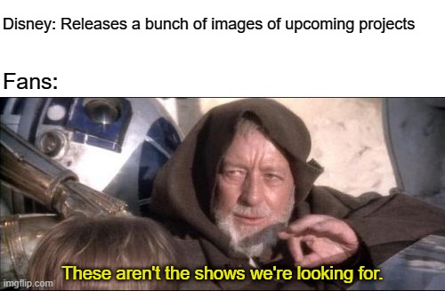 These Aren't The Droids You Were Looking For Meme | Disney: Releases a bunch of images of upcoming projects; Fans:; These aren't the shows we're looking for. | image tagged in memes,these aren't the droids you were looking for | made w/ Imgflip meme maker