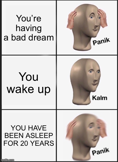 Image title | You’re having a bad dream; You wake up; YOU HAVE BEEN ASLEEP FOR 20 YEARS | image tagged in panik kalm panik | made w/ Imgflip meme maker