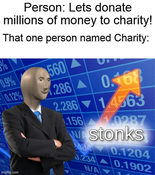 stonks |  Person: Lets donate millions of money to charity! That one person named Charity: | image tagged in stonks,charity,that one person named | made w/ Imgflip meme maker