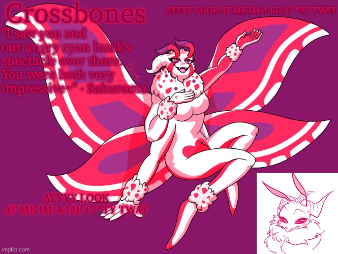 Crossbones horny-ass moth temp | AYYYY LOOK AT ME IM A LIL' C**TY TWAT; AYYYY LOOK AT ME IM A LIL' C**TY TWAT | image tagged in crossbones horny-ass moth temp | made w/ Imgflip meme maker