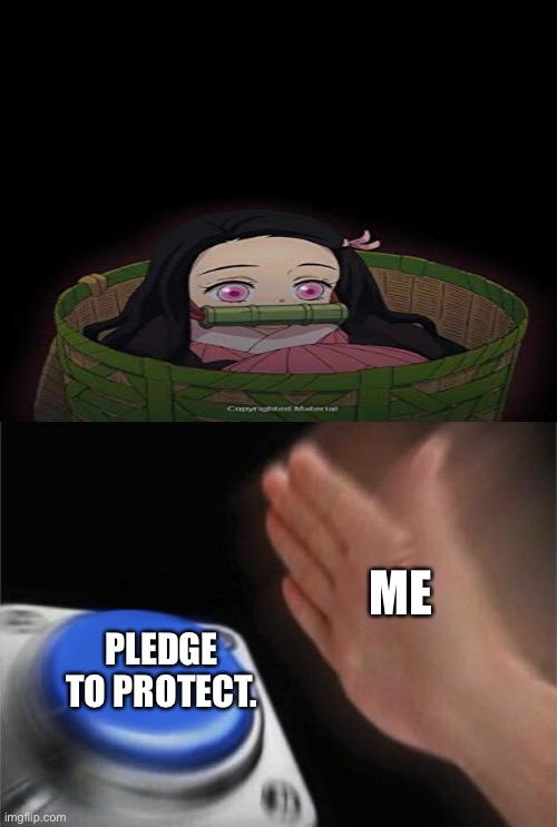 Nezuko Chan UwU | ME; PLEDGE TO PROTECT. | image tagged in memes,blank nut button,nezuko,demon slayer,pledge to protect,barney will eat all of your delectable biscuits | made w/ Imgflip meme maker