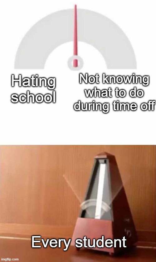 Metronome |  Not knowing what to do during time off; Hating school; Every student | image tagged in metronome,memes,school,relatable,student | made w/ Imgflip meme maker