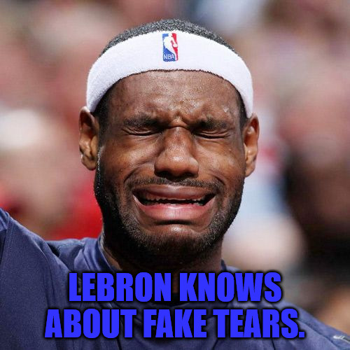 Fake Tears | LEBRON KNOWS ABOUT FAKE TEARS. | image tagged in lebron james crying | made w/ Imgflip meme maker