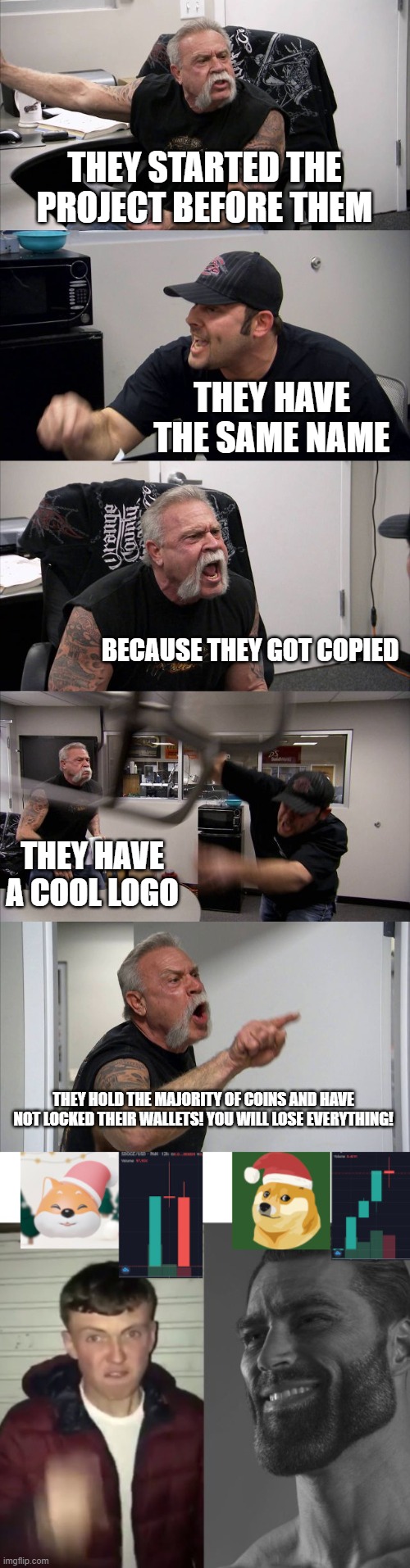 Chad SantaDoge vs Beta SantaDoge | THEY STARTED THE PROJECT BEFORE THEM; THEY HAVE THE SAME NAME; BECAUSE THEY GOT COPIED; THEY HAVE A COOL LOGO; THEY HOLD THE MAJORITY OF COINS AND HAVE NOT LOCKED THEIR WALLETS! YOU WILL LOSE EVERYTHING! | image tagged in memes,american chopper argument,santadoge vs santadoge,cryptocurrency,crypto,money | made w/ Imgflip meme maker