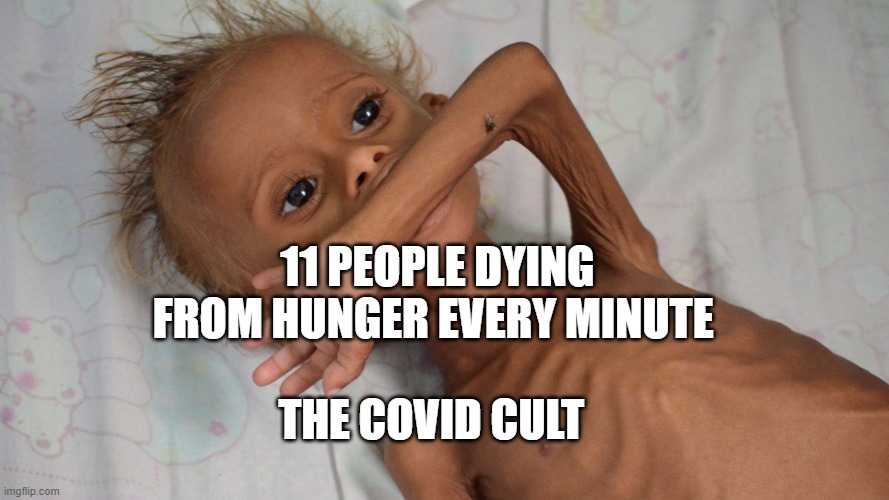 hungry yemen kid | 11 PEOPLE DYING FROM HUNGER EVERY MINUTE; THE COVID CULT | image tagged in hungry yemen kid | made w/ Imgflip meme maker