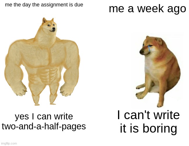 Buff Doge vs. Cheems | me the day the assignment is due; me a week ago; yes I can write two-and-a-half-pages; I can't write it is boring | image tagged in memes,buff doge vs cheems | made w/ Imgflip meme maker