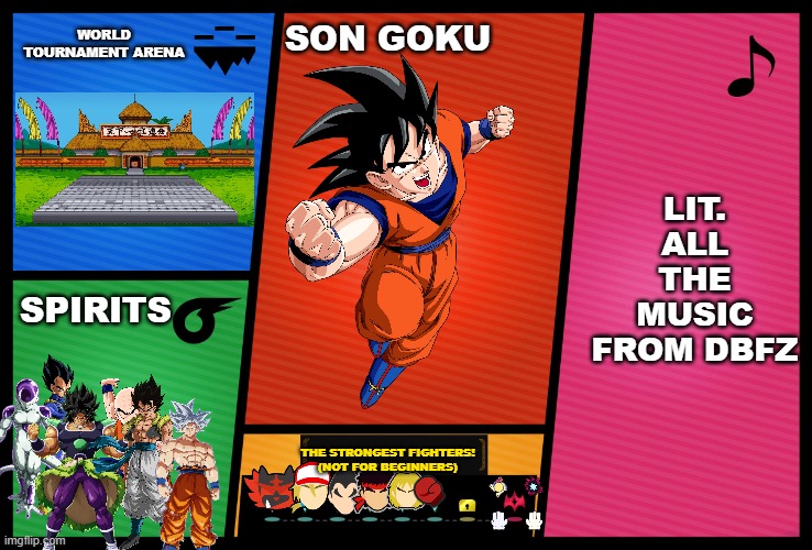 If Goku was in Smash... Z | WORLD TOURNAMENT ARENA; SON GOKU; LIT. ALL THE MUSIC FROM DBFZ; SPIRITS; THE STRONGEST FIGHTERS!
(NOT FOR BEGINNERS) | image tagged in smash ultimate dlc fighter profile | made w/ Imgflip meme maker