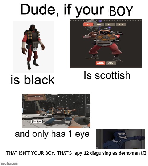 Is scottish; is black; and only has 1 eye; spy tf2 disguising as demoman tf2 | made w/ Imgflip meme maker