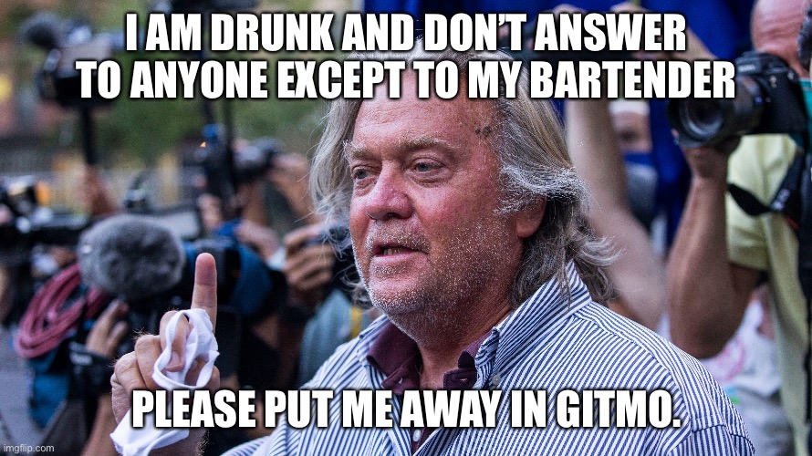 Next Prisoner for Gitmo | I AM DRUNK AND DON’T ANSWER TO ANYONE EXCEPT TO MY BARTENDER; PLEASE PUT ME AWAY IN GITMO. | image tagged in steve bannon,terrorist,drunk,lunatic,subversion,treason | made w/ Imgflip meme maker