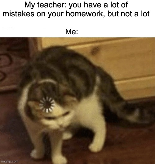 Cat Loading template | My teacher: you have a lot of mistakes on your homework, but not a lot; Me: | image tagged in cat loading template | made w/ Imgflip meme maker