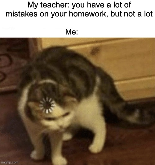 Cat Loading template | My teacher: you have a lot of mistakes on your homework, but not a lot; Me: | image tagged in cat loading template | made w/ Imgflip meme maker