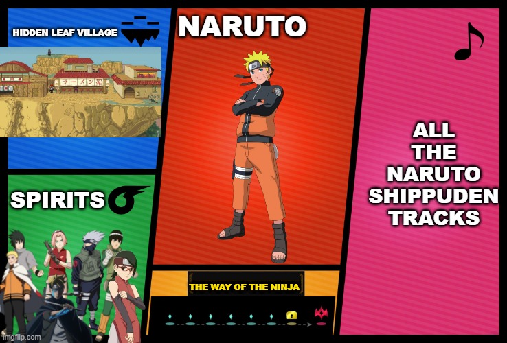 If Naruto was in Smash... Shippuden | HIDDEN LEAF VILLAGE; NARUTO; ALL THE NARUTO SHIPPUDEN TRACKS; SPIRITS; THE WAY OF THE NINJA | image tagged in smash ultimate dlc fighter profile | made w/ Imgflip meme maker