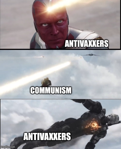 ANTIVAXXERS; COMMUNISM; ANTIVAXXERS | image tagged in vision blast | made w/ Imgflip meme maker