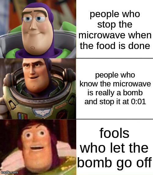 Better, best, blurst lightyear edition | people who stop the microwave when the food is done; people who know the microwave is really a bomb and stop it at 0:01; fools who let the bomb go off | image tagged in better best blurst lightyear edition | made w/ Imgflip meme maker
