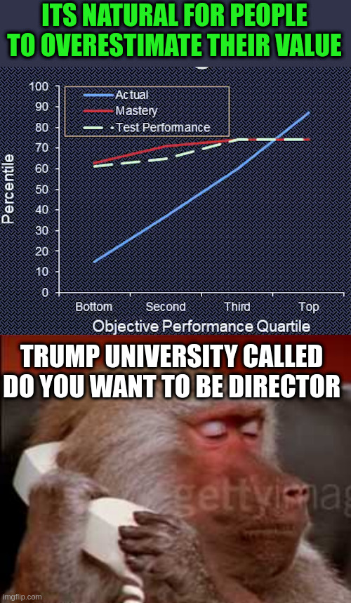 memes help us ask the questions | ITS NATURAL FOR PEOPLE
TO OVERESTIMATE THEIR VALUE; TRUMP UNIVERSITY CALLED
DO YOU WANT TO BE DIRECTOR | image tagged in dunning,can i take a message,i dunno | made w/ Imgflip meme maker
