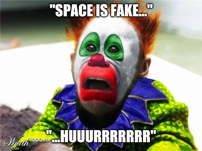Flerf monkey | "SPACE IS FAKE..."; "...HUUURRRRRRR" | image tagged in monkey,clown | made w/ Imgflip meme maker