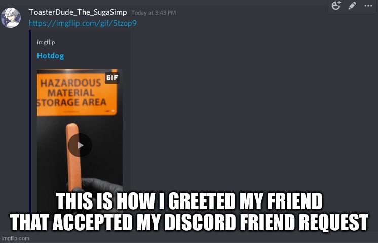 THIS IS HOW I GREETED MY FRIEND THAT ACCEPTED MY DISCORD FRIEND REQUEST | made w/ Imgflip meme maker