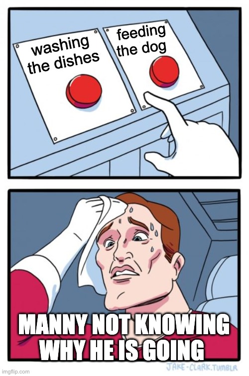 Two Buttons | feeding the dog; washing the dishes; MANNY NOT KNOWING WHY HE IS GOING | image tagged in memes,two buttons | made w/ Imgflip meme maker