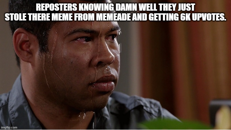 Do you repost ? | REPOSTERS KNOWING DAMN WELL THEY JUST STOLE THERE MEME FROM MEMEADE AND GETTING 6K UPVOTES. | image tagged in repost,sweat,sweaty,after | made w/ Imgflip meme maker