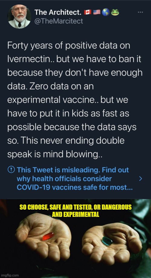 The choice is yours | SO CHOOSE, SAFE AND TESTED, OR DANGEROUS
AND EXPERIMENTAL | image tagged in red pill blue pill,freedom,liberty,vaccination,dr fauci,joe biden | made w/ Imgflip meme maker