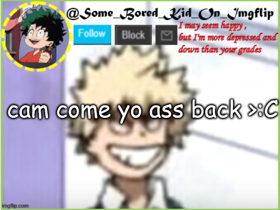some_bored_kid_on_imgflip | cam come yo ass back >:C | image tagged in some_bored_kid_on_imgflip | made w/ Imgflip meme maker
