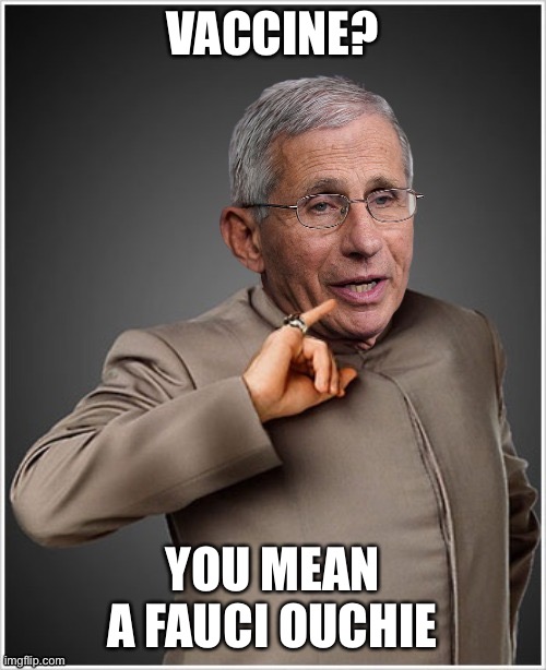 Fauci Ouchie | VACCINE? YOU MEAN A FAUCI OUCHIE | image tagged in dr evil fauci,fauci,ouch,douchebag | made w/ Imgflip meme maker