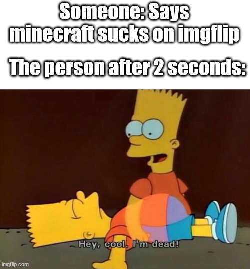 Hey, cool. I'm dead! | Someone: Says minecraft sucks on imgflip; The person after 2 seconds: | image tagged in hey cool i'm dead | made w/ Imgflip meme maker