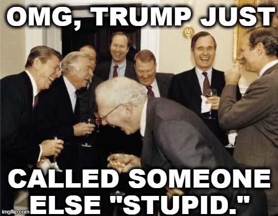 You never saw Trump's grades, did you? | OMG, TRUMP JUST; CALLED SOMEONE ELSE "STUPID." | image tagged in republicans,laughing,trump,stupid | made w/ Imgflip meme maker