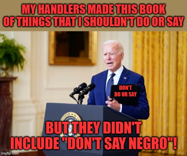 Joe needs to be told five times AND have it in writing! | MY HANDLERS MADE THIS BOOK OF THINGS THAT I SHOULDN'T DO OR SAY; DON'T DO OR SAY; BUT THEY DIDN'T INCLUDE "DON'T SAY NEGRO"! | image tagged in biden,racist,senile,dementia,fallout hold up | made w/ Imgflip meme maker