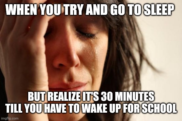 First World Problems | WHEN YOU TRY AND GO TO SLEEP; BUT REALIZE IT'S 30 MINUTES TILL YOU HAVE TO WAKE UP FOR SCHOOL | image tagged in memes,first world problems | made w/ Imgflip meme maker