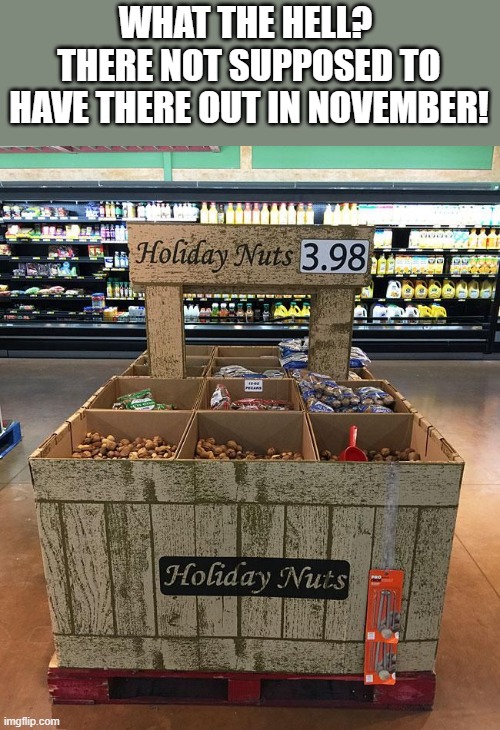 No nuts! | WHAT THE HELL?  THERE NOT SUPPOSED TO HAVE THERE OUT IN NOVEMBER! | image tagged in no nut november,nuts,holidays | made w/ Imgflip meme maker