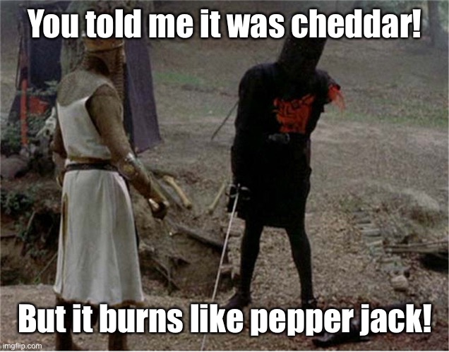 FLesh wound | You told me it was cheddar! But it burns like pepper jack! | image tagged in flesh wound | made w/ Imgflip meme maker