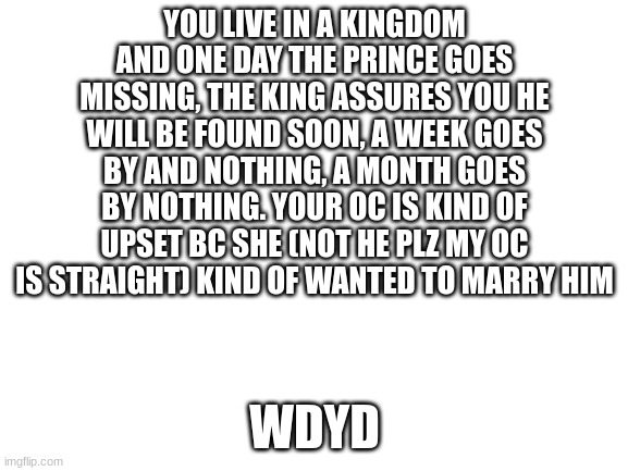 Blank White Template | YOU LIVE IN A KINGDOM AND ONE DAY THE PRINCE GOES MISSING, THE KING ASSURES YOU HE WILL BE FOUND SOON, A WEEK GOES BY AND NOTHING, A MONTH GOES BY NOTHING. YOUR OC IS KIND OF UPSET BC SHE (NOT HE PLZ MY OC IS STRAIGHT) KIND OF WANTED TO MARRY HIM; WDYD | image tagged in blank white template | made w/ Imgflip meme maker