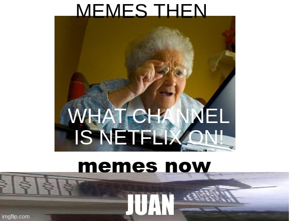 memes then vs now | MEMES THEN; WHAT CHANNEL IS NETFLIX ON! memes now; JUAN | image tagged in funny memes | made w/ Imgflip meme maker