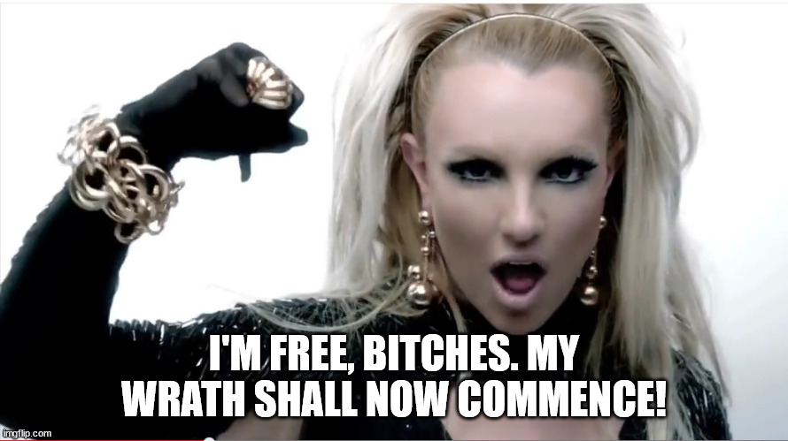 Britney Is Free! | I'M FREE, BITCHES. MY WRATH SHALL NOW COMMENCE! | image tagged in freebritney,britneyspears,funny memes | made w/ Imgflip meme maker