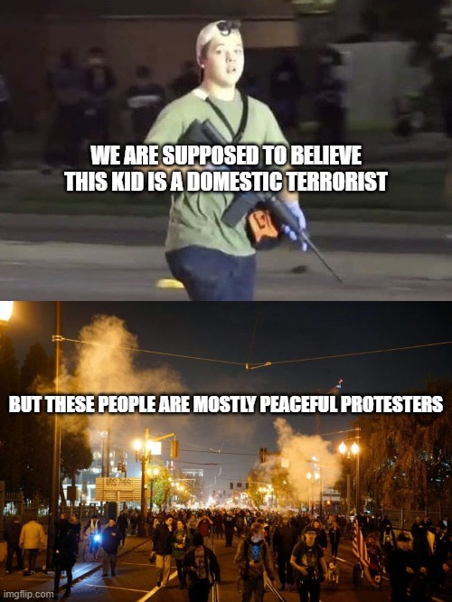 Free Kyle Rittenhouse! | WE ARE SUPPOSED TO BELIEVE THIS KID IS A DOMESTIC TERRORIST; BUT THESE PEOPLE ARE MOSTLY PEACEFUL PROTESTERS | image tagged in kyle rittenhouse,portland riot,politics,government corruption,oppression,blm | made w/ Imgflip meme maker