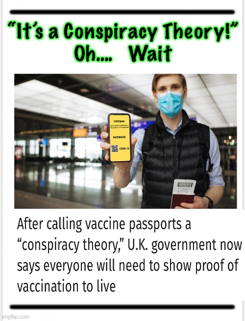 Vaccine passport, then Global ID, then Carbon Tax, tied to your Social Credit score.   Haven’t you seen the movie 1984?!  We got | “It’s a Conspiracy Theory!”
Oh….   Wait | image tagged in memes,globalist pipe dream coming true,power money control,minions suffer,you will be a serf,we all lose we must stop it | made w/ Imgflip meme maker