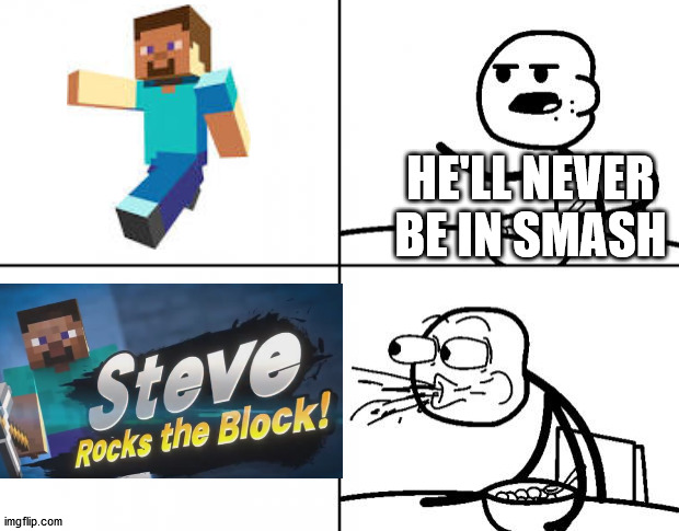 true | HE'LL NEVER BE IN SMASH | image tagged in blank cereal guy,steve,minecraft,smash bros | made w/ Imgflip meme maker