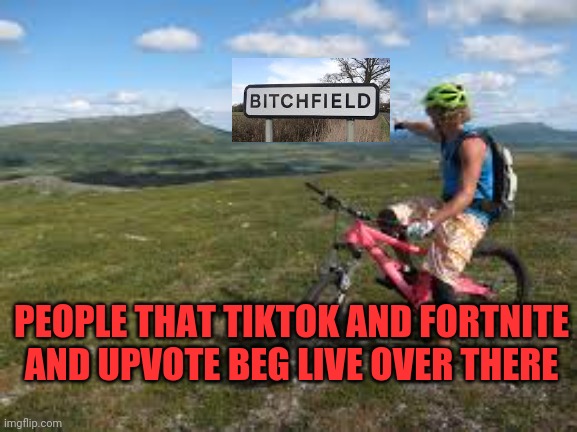 Strange place | PEOPLE THAT TIKTOK AND FORTNITE AND UPVOTE BEG LIVE OVER THERE | image tagged in way over there,small town | made w/ Imgflip meme maker